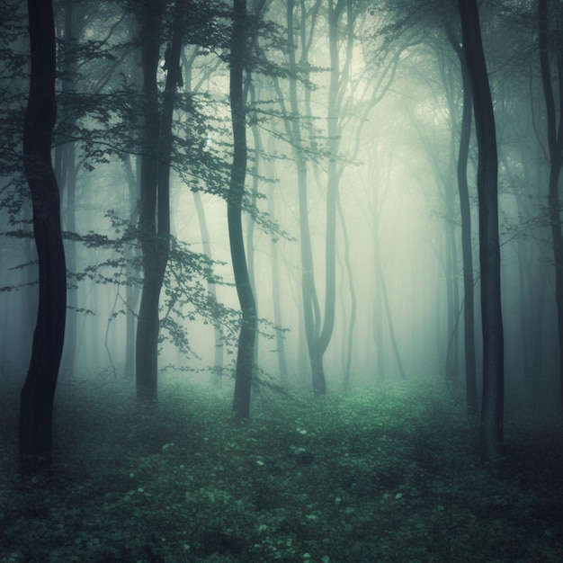 Un bosque oscuro con un bosque verde y un fondo de niebla azul.