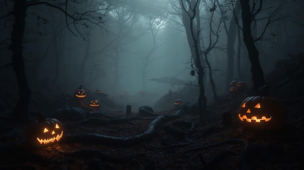 Un bosque oscuro con calabazas en el suelo y un fondo oscuro con un bosque oscuro y un cielo azul.