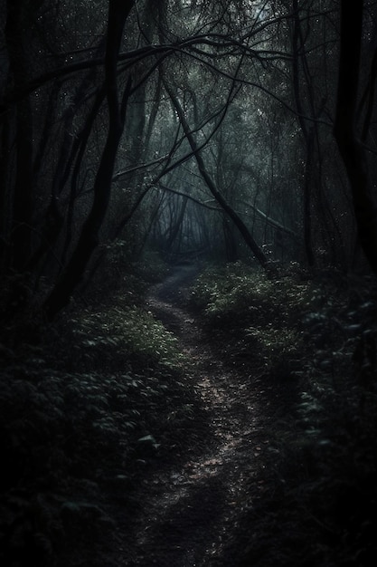 Un bosque oscuro con un camino iluminado con una luz.