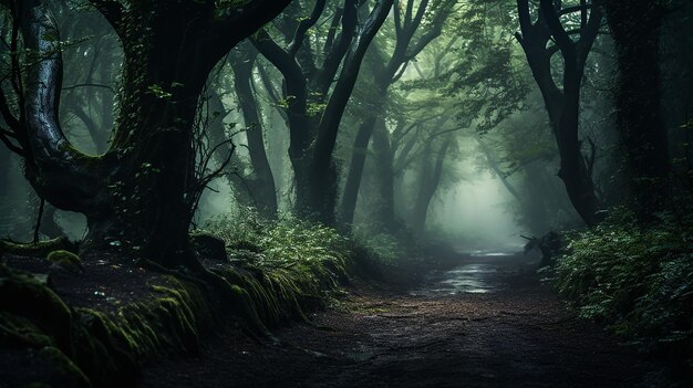 un bosque oscuro con un camino en la niebla.