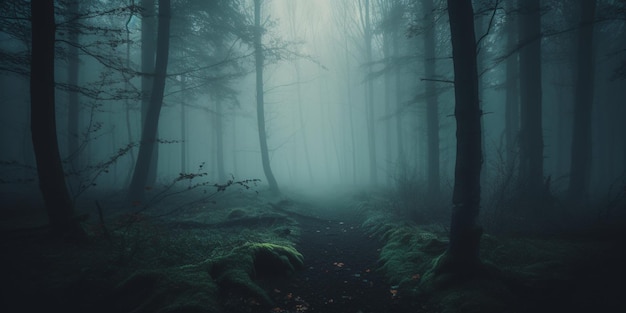 Un bosque oscuro con un camino que conduce al bosque.