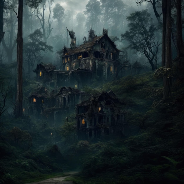 Un bosque oscuro con una casa en el medio.