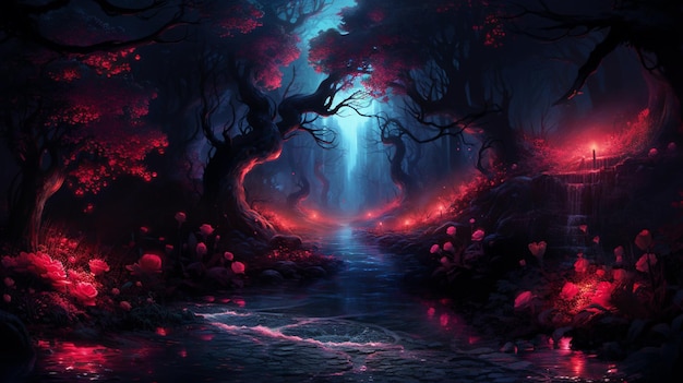 un bosque oscuro con un chorro de agua y luces rojas generativas ai