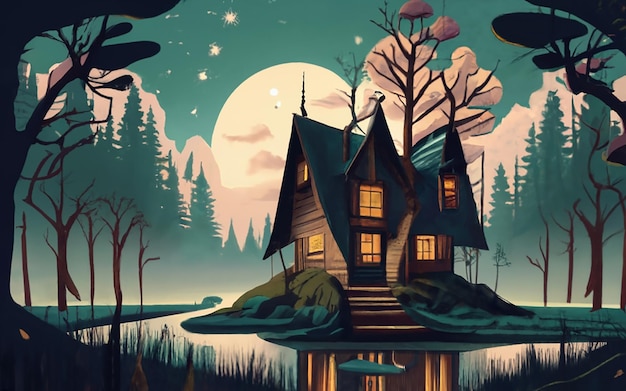 Un bosque oscuro y un cielo con luna llena Un río y una casa de brujas Cinemática de fantasía oscura