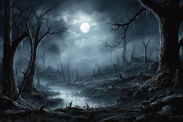 Bosque oscuro escena oscura sombría con árboles luz de luna grande sombra de humo abstracto calle fría oscura b