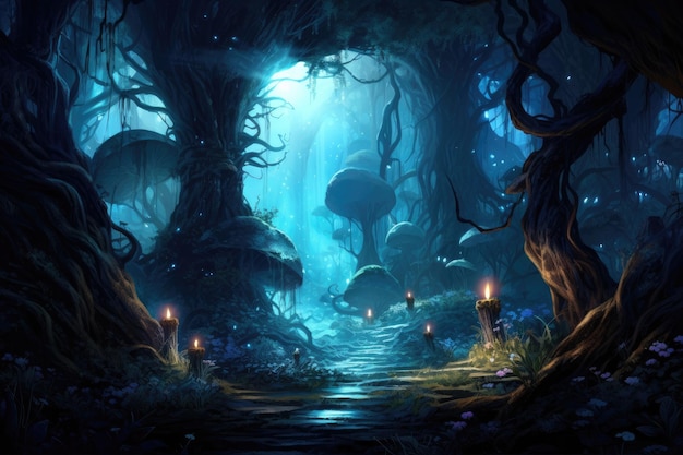 Bosque oscuro de fantasía con un río que fluye en él ilustración de diseño de fantasía
