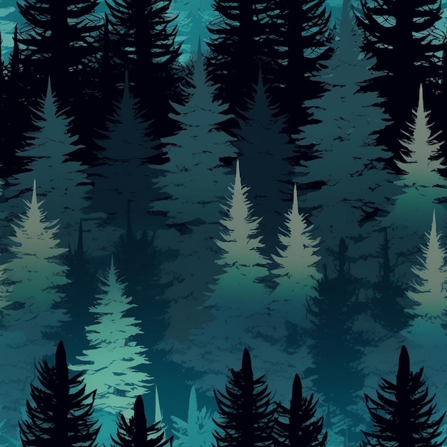 Un bosque oscuro con fondo azul y un bosque de abetos.