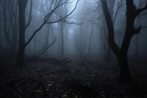 Un bosque oscuro con un fondo de niebla azul