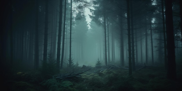Un bosque oscuro con un fondo de niebla y un cielo azul.