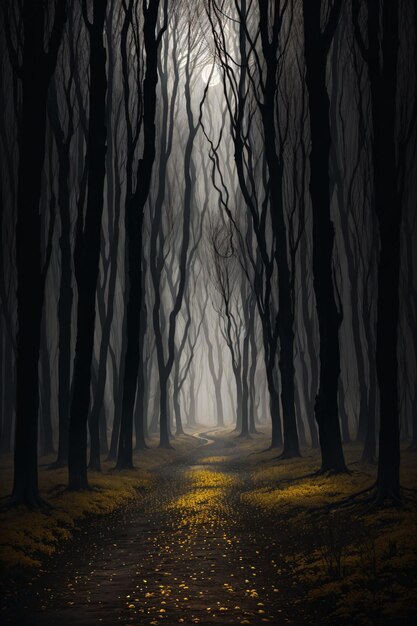 Foto bosque oscuro con hojas amarillas en el suelo