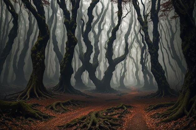 Foto bosque oscuro con hojas de naranja en el suelo