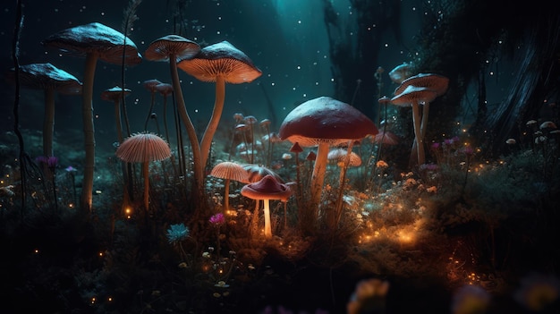 Un bosque oscuro con hongos y una luz brillante.