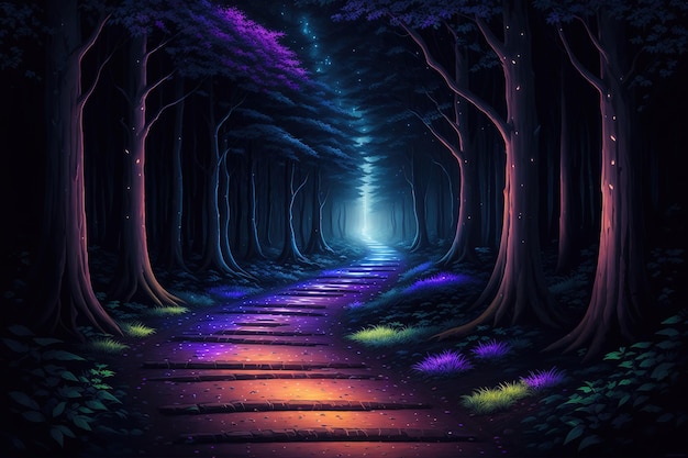 Un bosque oscuro con luces de colores en el camino.