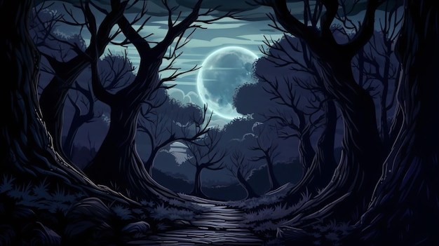 Un bosque oscuro con una luna al fondo.