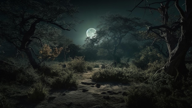 Un bosque oscuro con luna llena al fondo.