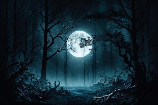 Bosque oscuro con luna llena de fondo IA generativa