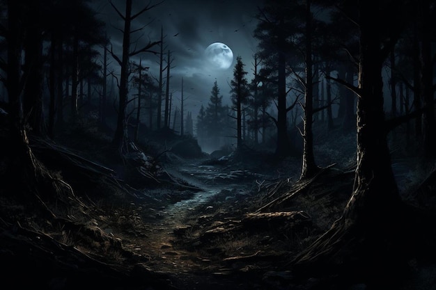 un bosque oscuro con una luna llena en el fondo.