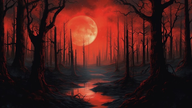 Un bosque oscuro con una luna roja al fondo.