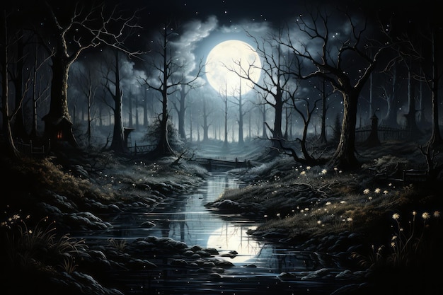 Bosque oscuro con luna sobre el río hermosa imagen de ilustración IA generativa