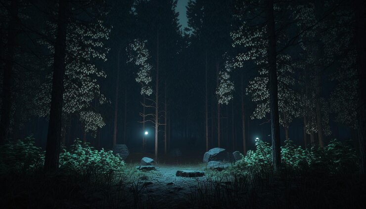 Un bosque oscuro con una luz en el lado izquierdo y un letrero que dice 'el lado oscuro'