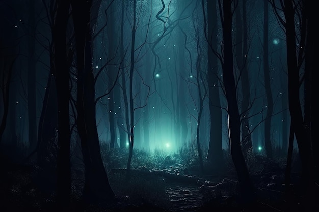 Un bosque oscuro con una luz en el medio y una luz en el medio.