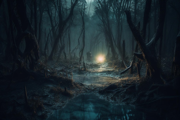 Un bosque oscuro con una luz en el medio.