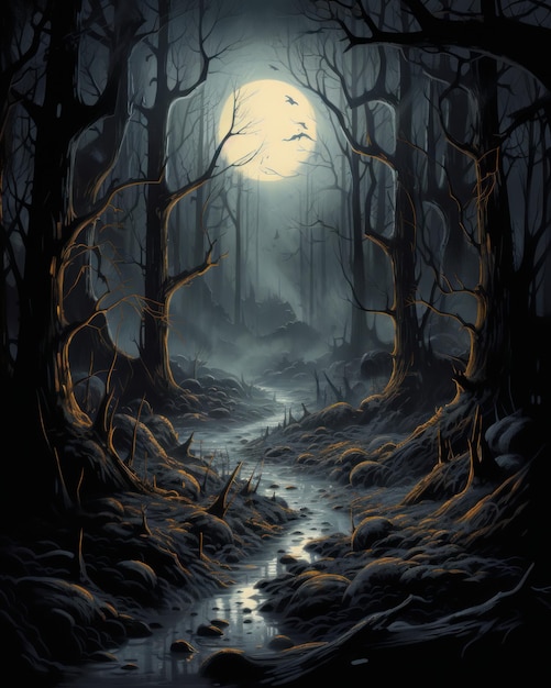 Bosque oscuro misterioso en la noche con luna llena Fondo de Halloween