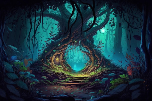 Bosque oscuro misterioso en la noche Paisaje de fantasía Pintura digital