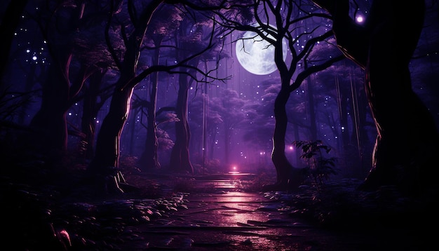 Bosque oscuro místico por la noche con luna llena en el fondo de Halloween