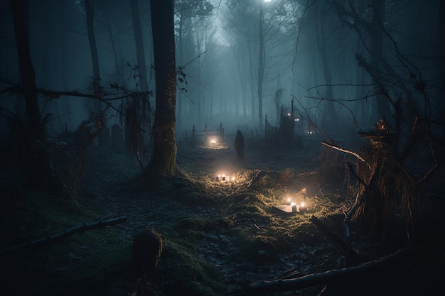 Un bosque oscuro con un montón de velas.