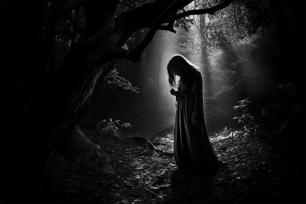 Un bosque oscuro con una mujer con un vestido largo y una luz en la cabeza.