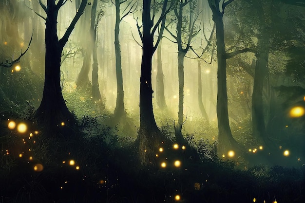 Bosque oscuro por la noche con grandes troncos de árboles negros quemando luciérnagas en una ilustración 3d de luz nublada