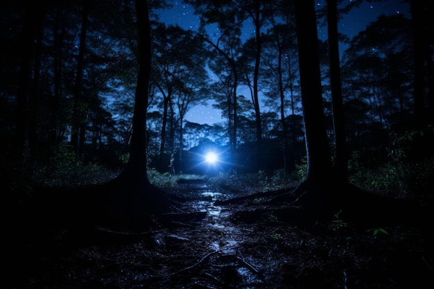 un bosque oscuro por la noche con una luz brillante brillando a través de los árboles