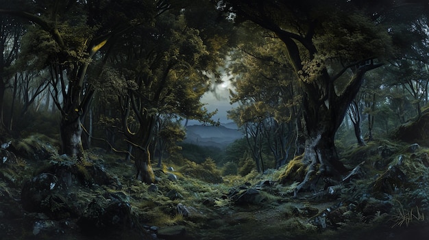 bosque oscuro panorama paisaje de fantasía generativo Ai