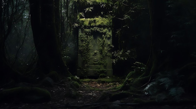 Un bosque oscuro con una puerta en medio.