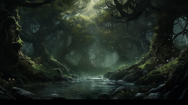 bosque oscuro con un río