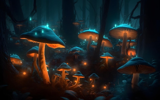 Un bosque oscuro con setas y una luz azul.