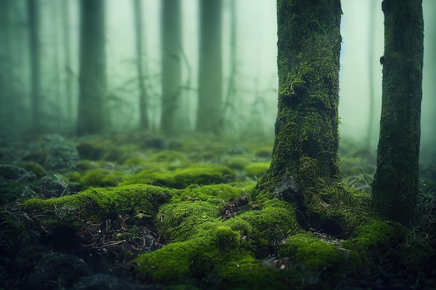 Bosque oscuro con troncos de árboles y musgo verde