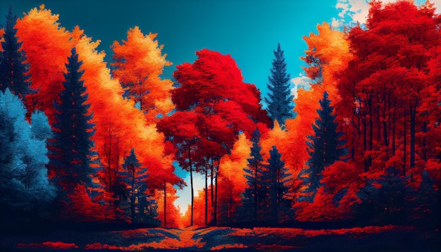 El bosque otoñal brilla con la vibrante luz solar pintada generada por IA