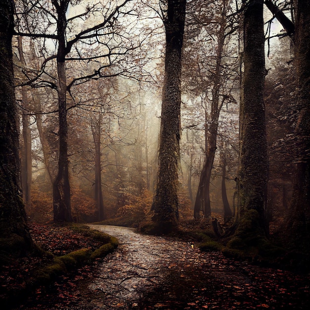 Bosque otoñal sombrío con hojas caídas