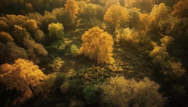 Bosque otoñal vibrante hojas amarillas belleza multicolor generada por IA