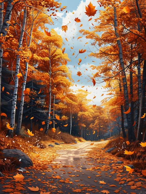 El bosque de otoño cae hojas pinceladas viento soplando sobre la carretera libertad naturaleza utopía joven