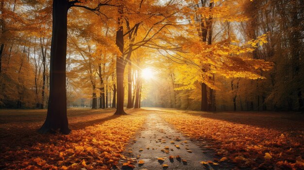 Un bosque en otoño cubierto de hojas naranjas y amarillas rayos de sol a través del dosel IA generativa