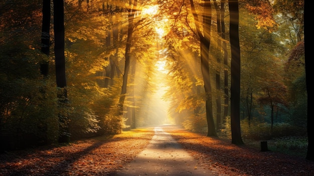 Un bosque en otoño cubierto de hojas naranjas y amarillas rayos de sol a través del dosel IA generativa