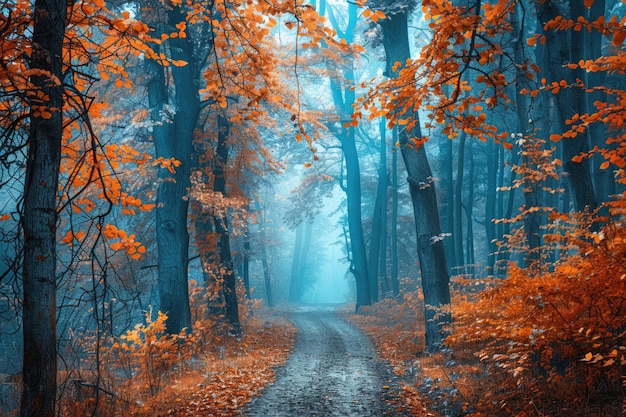 Bosque de otoño encantado con hojas de colores y atmósfera brumosa