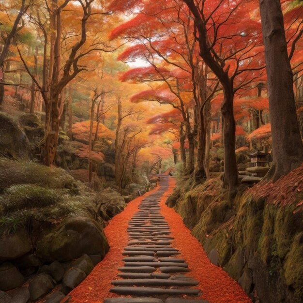 Bosque de otoño encantado en Kioto, JapónUn camino encantador y vibrante a través de un denso bosque de otoño en