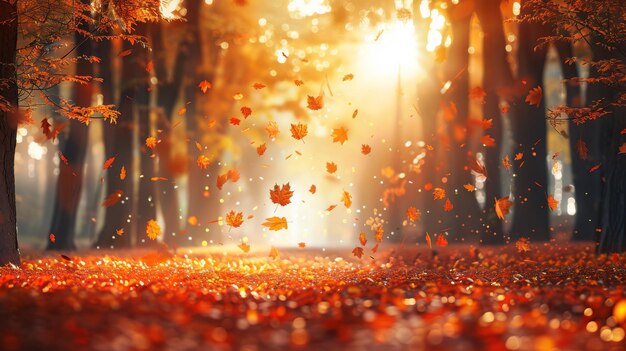 Bosque de otoño con hojas flotantes y suave luz solar