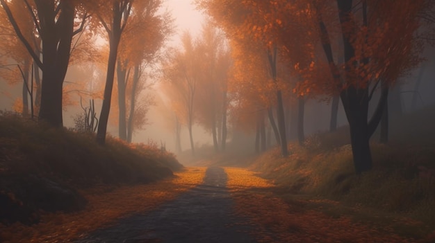 Bosque de otoño místico con camino en la niebla Bosque de niebla de otoño Bosque oscuro mágico de otoño Cuento de hadas