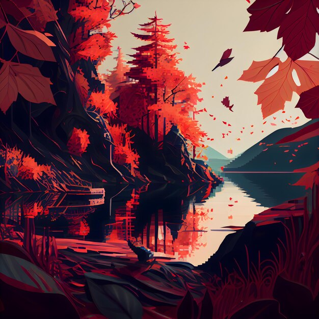 Bosque de otoño en la orilla del lago ilustración