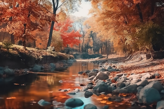 Bosque de otoño en el paisaje de tierra sobre fondo otoñal en noviembre AI